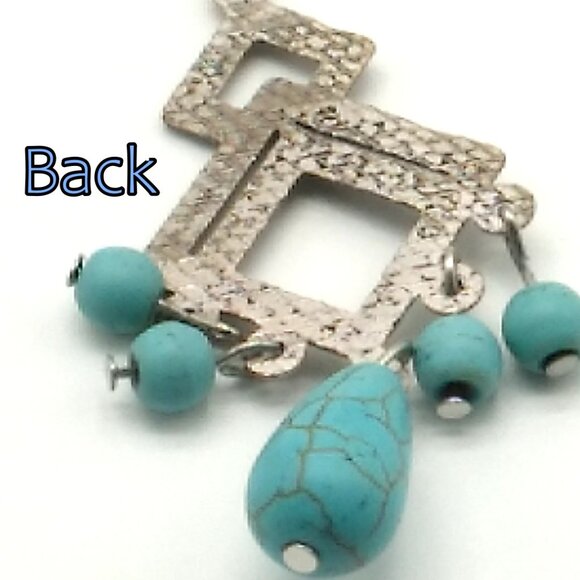 Turquoise Antique Silver Dangle Earrings 2.25" Drop - Picture 9 of 14